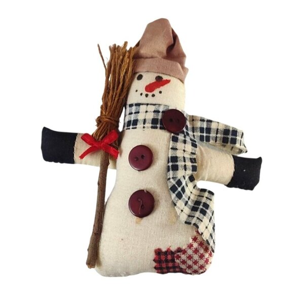 (4) Handmade Snowman Christmas Ornaments With Plaid Scarves Button & Broomsticks - Picture 3 of 8